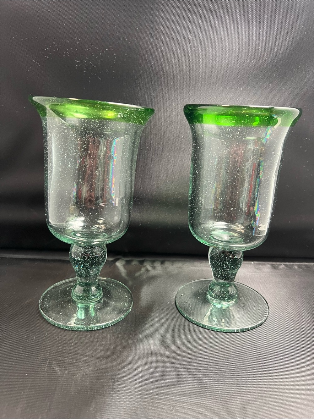 Pair of Hand-Blown Recycled Glass Goblets with Green Rim & Seed Bubbles